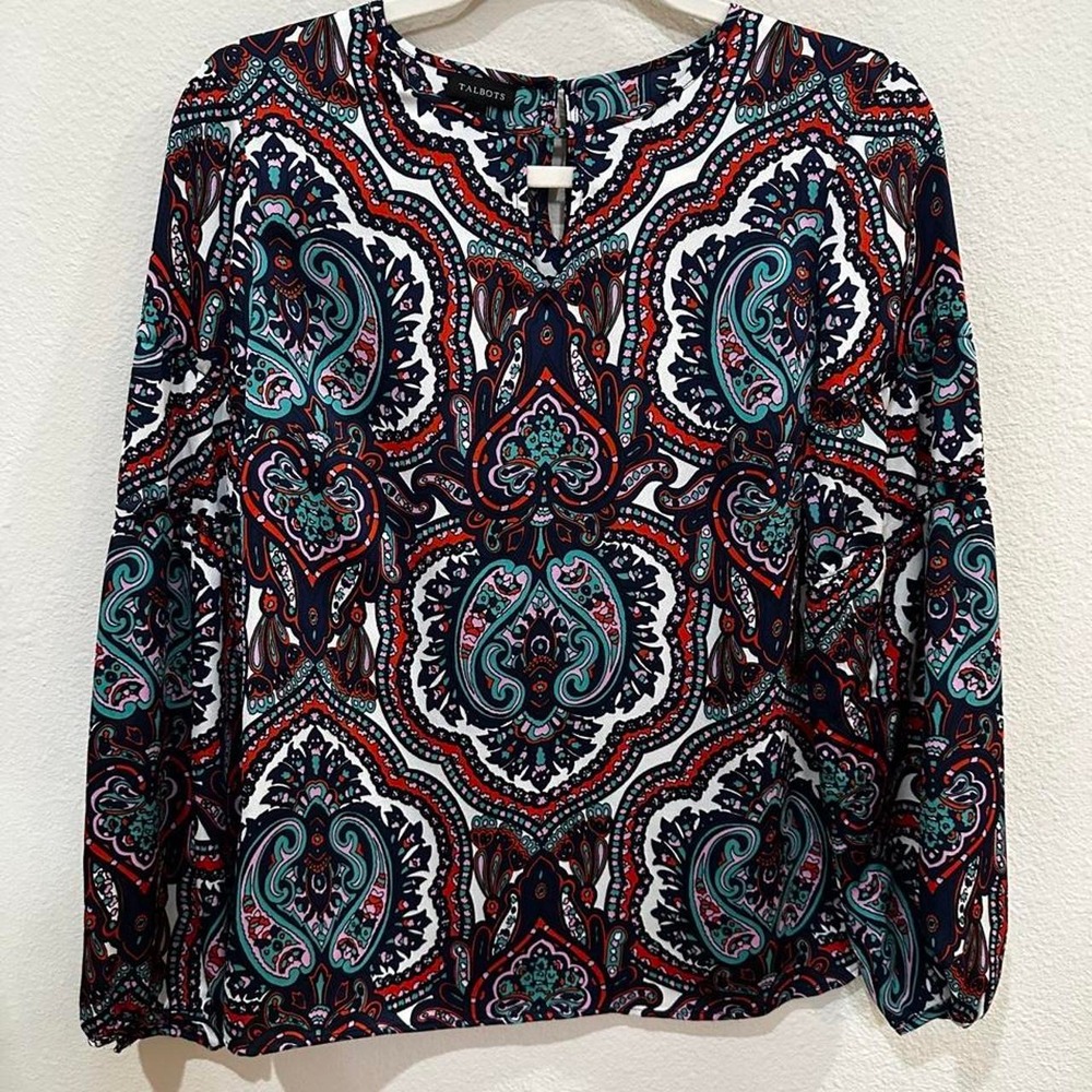Talbots Paisley Blouse Women XS Navy Blue Red Multi Long Sleeve Keyhole Back Top